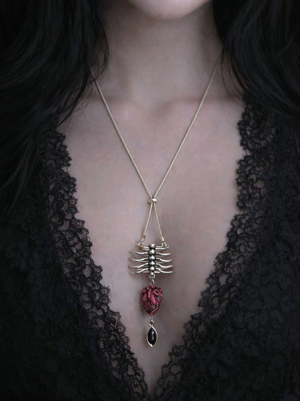 Sterling Silver Ribcage Pendant Necklace with Red Anatomical Heart - Picture 2 of 4